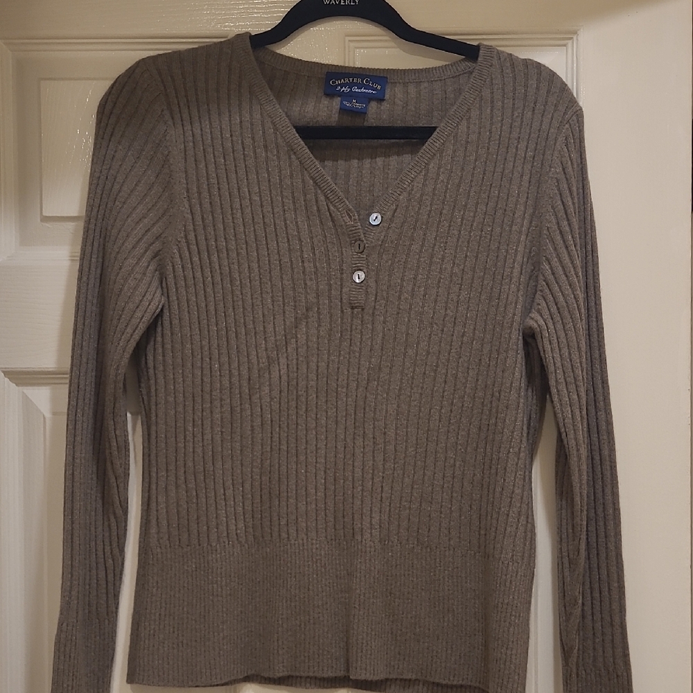 2-ply Cashmere Charter Club Taupe Ribbed V-Neck Sweater